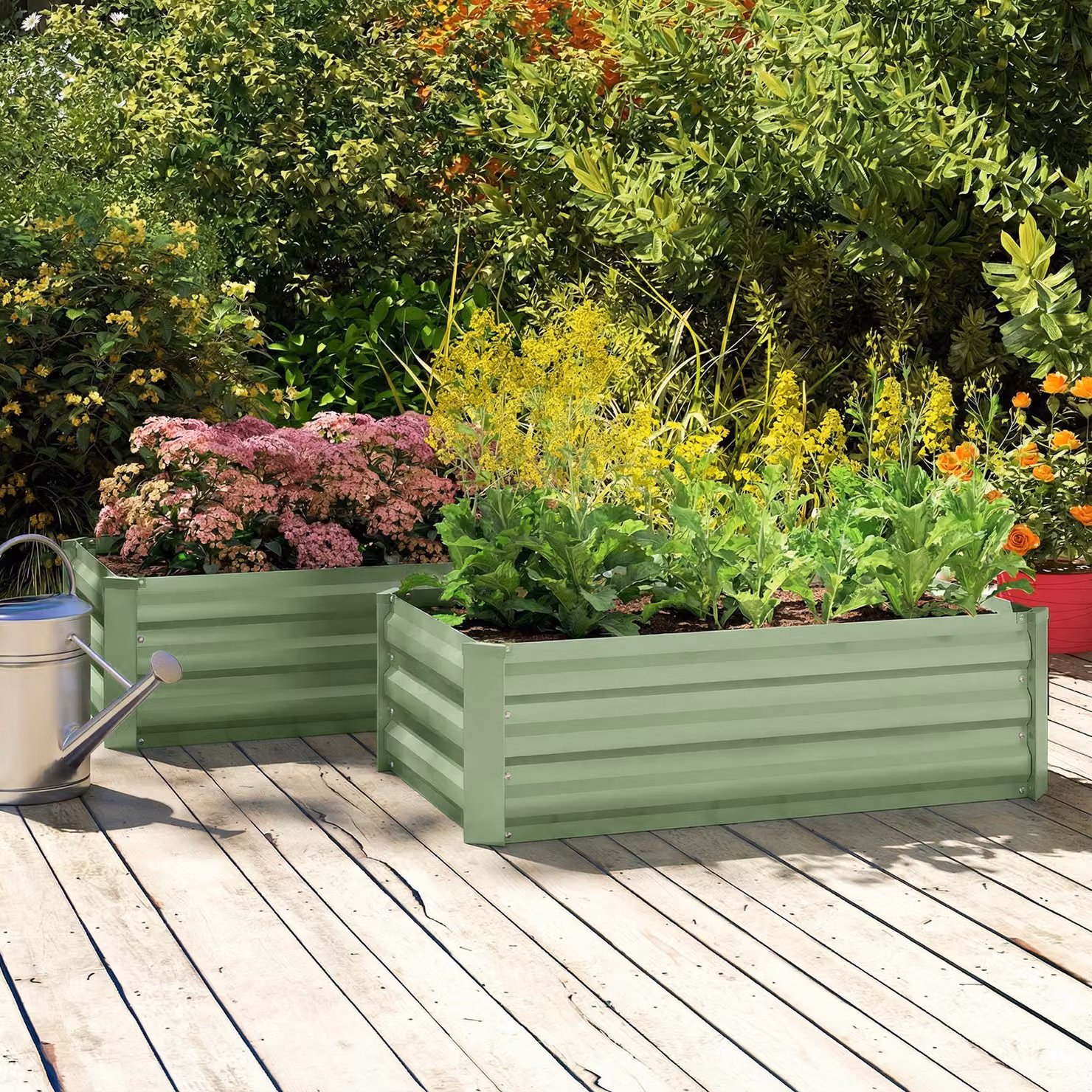 Outsunny Set of Two Green Galvanised Steel Raised Planter Boxes, W: 100 cm, D: 60 cm, H: 30 cm – 4