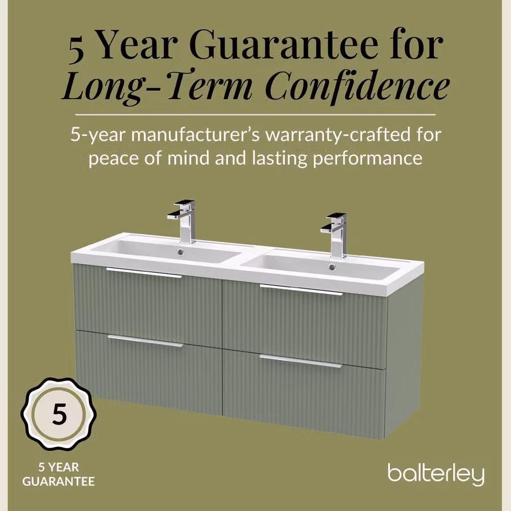 Balterley Fluted Wall Hung 4 Drawer Vanity Basin Unit and Basin, Satin Green, Width: 120 cm – 4