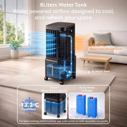 Air Pro 8L Portable 3-in-1 Air Cooler with Remote Control, Timer and Ice Packs, Black – 4