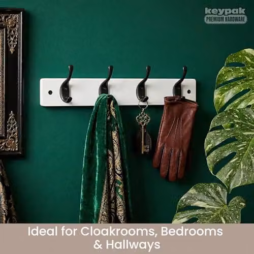 Keypak Modern 4-Hook Coat Rack with Matte Black Metal Hooks on a White Wooden Board, Width: 46 cm – 3