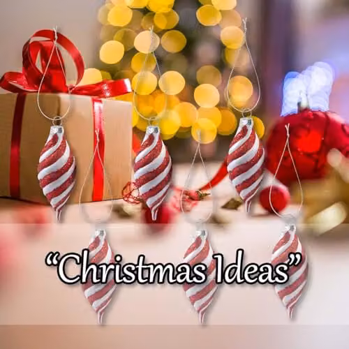 VFM e-Store Christmas Glass Hanging Pendant Decorations in Red and White Striped Geometric Patterns, Pack of 6 – 4
