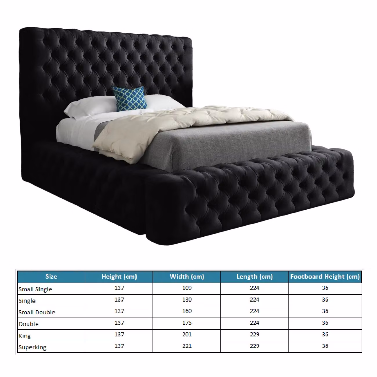KDMD Grand Milan Black Velvet Pleated Upholstered Bed Frame, W/D/H: 200 x 137 x 221 cm – 4