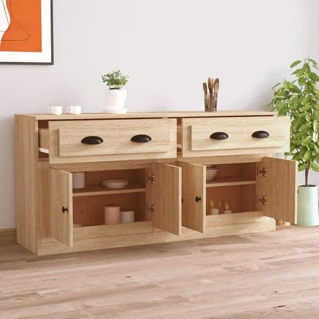 Berkfield Home Set of 2 Sonoma Oak Sideboards in Light Tan Beige, W/D/H: 67.5 x 35.5 x 35.5 cm – 1