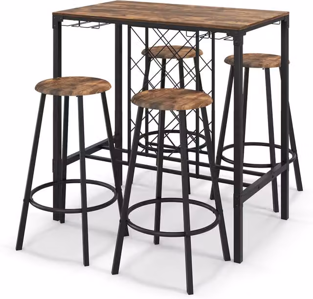 Costway 5-Piece Industrial Bar Height Dining Table and Chairs Set in Brown