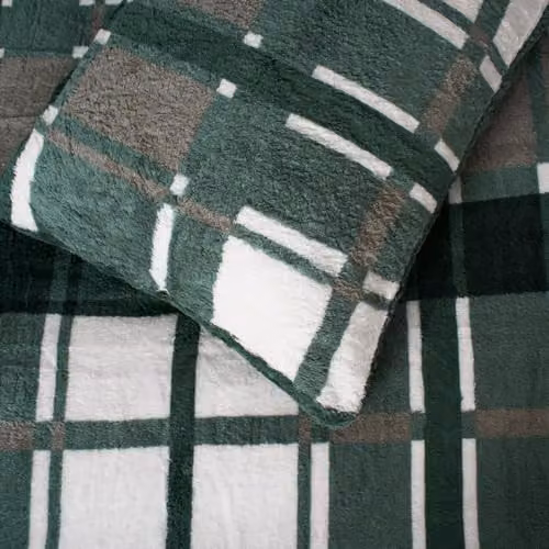 OHS King Size Teddy Fleece Checked Duvet Cover Set in Green with Pillowcases, Duvet Cover: 180 x 200 cm, Pillowcases: 50 x 75 cm – 4