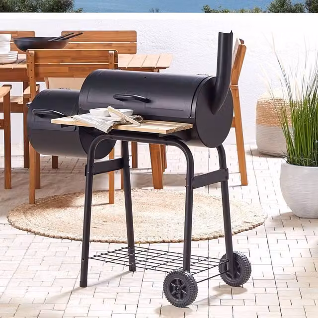 Wyld and Coco Black Steel Charcoal BBQ with Lid and Built-In Offset Smoker, W/D/H: 115 x 62 x 110 cm