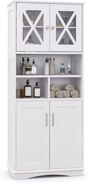 Gymax Tall White Bathroom Cabinet with Acrylic Glass Doors and Adjustable Shelves – 1