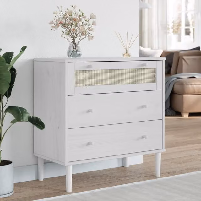 Berkfield Home SENJA Drawer Cabinet in White Rattan Look, Solid Pine Wood, W/D/H: 80 x 40 x 80 cm – 1