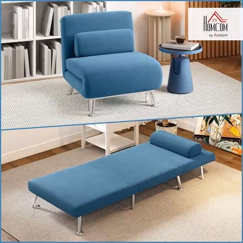 HOMCOM 3-in-1 Velvet Single Sofa Chair Bed in Blue with Metal Frame and Armrests – 4