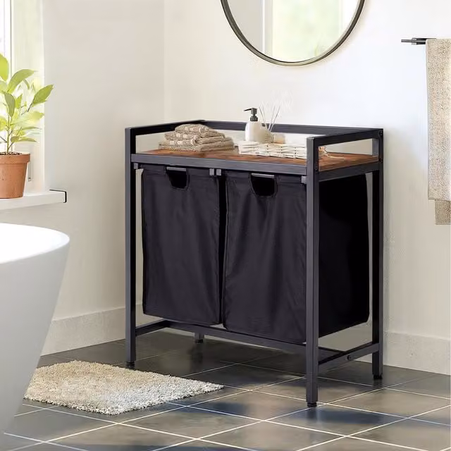 Lifeideas Black Freestanding Bathroom Shelf with Two Oxford Cloth Laundry Baskets