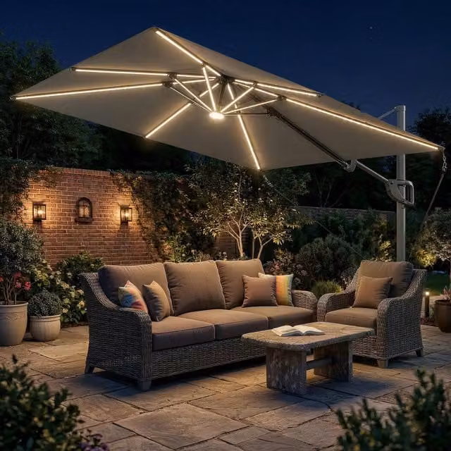Outsunny Dark Grey Cantilever Garden Parasol with Light and Cover, UPF 50+