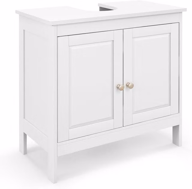 Gymax White Lacquered Under Sink Bathroom Cabinet with Adjustable Internal Shelves and Hinged Doors