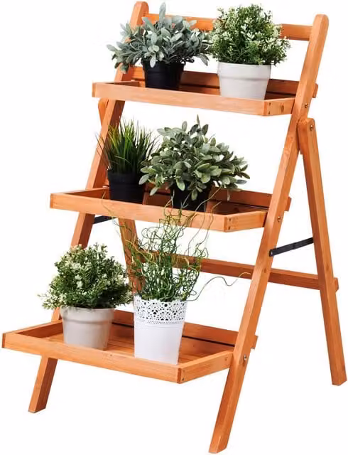 COSTWAY 3-Tier Foldable Metal and Wood Plant Stand in Brown
