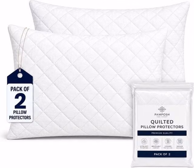 Grace White Quilted Microfibre Pillow Protectors with Zipper Closure, Pack of 2, Standard Size