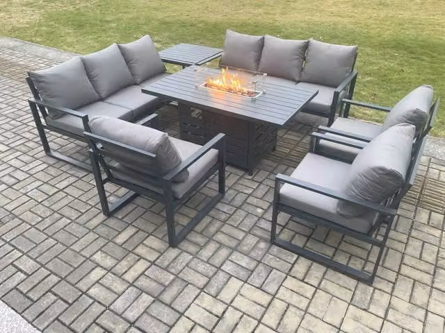 Fimous Aluminium Garden Furniture Set in Dark Grey with Gas Fire Pit Dining Table, 3 Armchairs and Side Table