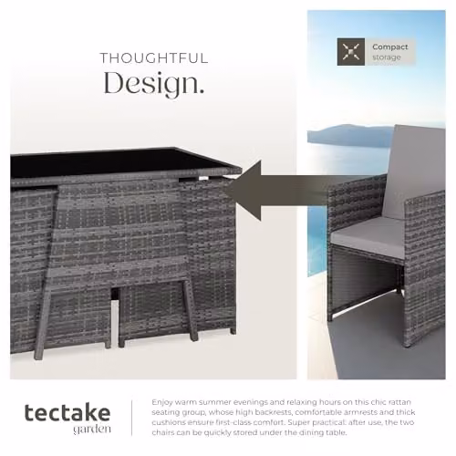 tectake Rattan Bistro Set in Grey with 2 Chairs and 1 Table featuring Glass Top and Removable Cushions – 4