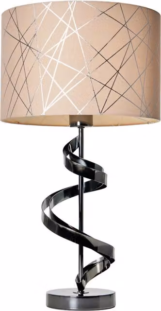 Litecraft Modern Spiral Table Lamp with Black and Silver Metal Base and Beige Fabric Cylinder Shade