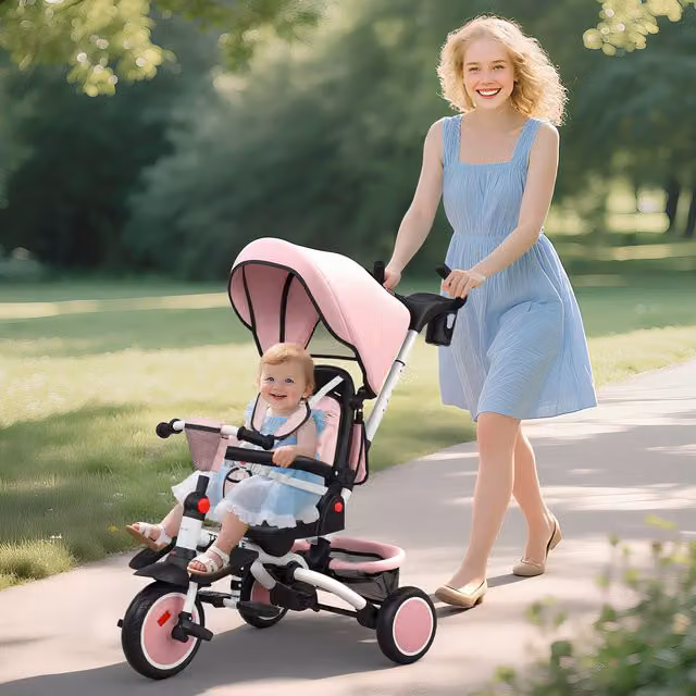 AIYAPLAY Foldable Convertible Toddler Tricycle with Storage Basket in Pink