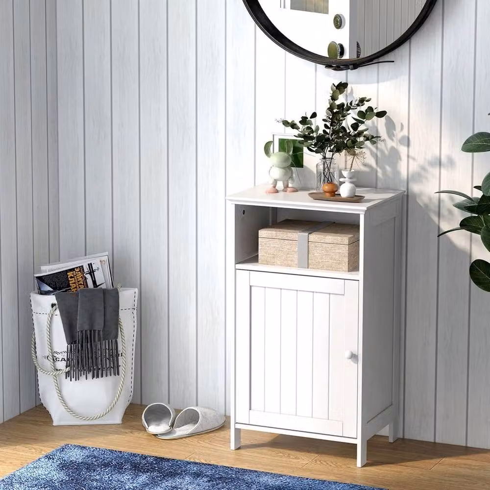 FORGEVIO Modern White Single Door Bathroom Floor Cabinet with Internal Shelves and Open Storage – 6