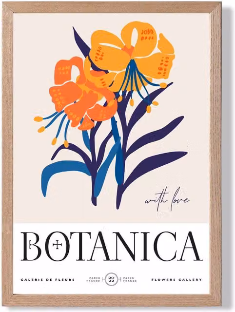 ARTZE Blue and Orange Florals Flower Market Exhibition Framed Print with Oak Frame
