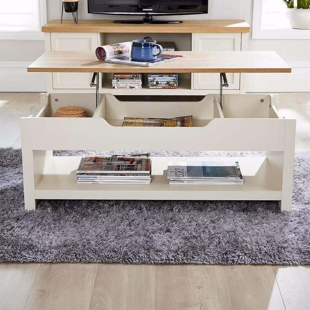 Home Source Avon Lift Up Coffee Table with Oak Top and Storage Shelf in Off-White – 2