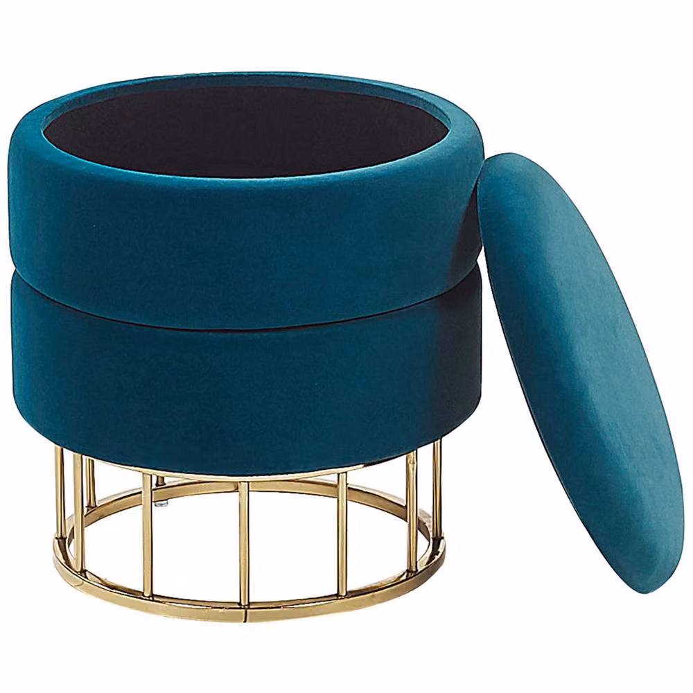 Wyld and Coco Petrol Blue Velvet Cylindrical Storage Pouffe with Gold Metal Base – 3
