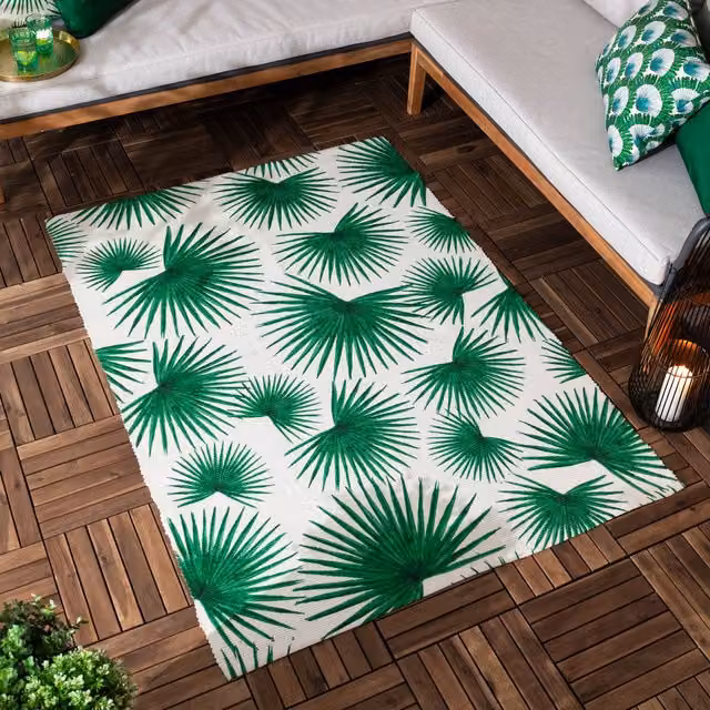 Algave Green and Multicolour Floral Art Deco Flat Weave Outdoor Rug for Garden and Terrace