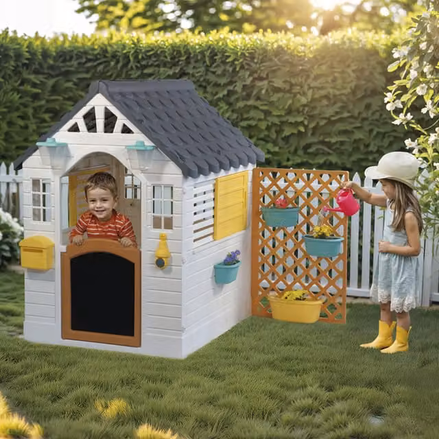 Dolu Everyday Garden Playhouse with Accessories in White, Grey and Yellow