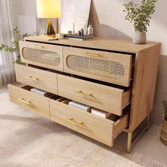 Matteo Rattan Sideboard Storage Cabinet with 6 Drawers in Light Oak and Brown, W/D/H: 120 x 40 x 74 cm – 1