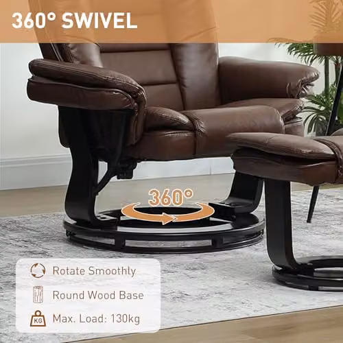 HOMCOM Swivel Manual Recliner Chair and Footstool Set in Brown PU Leather – 4