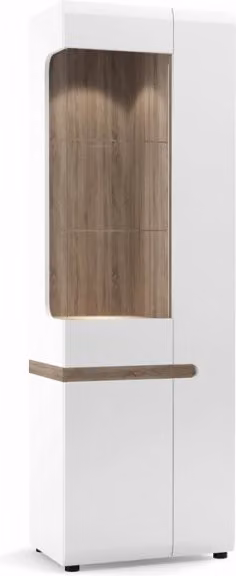 Furniture To Go Chelsea White High Gloss and Truffle Oak Tall Glazed Narrow Display Cabinet RHD – 1