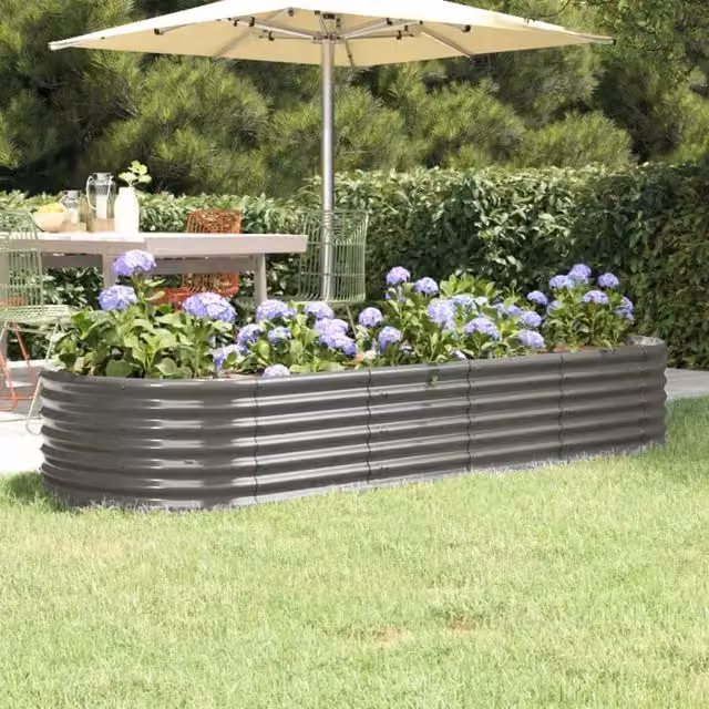 Berkfield Home Garden Grey Powder-coated Steel Raised Bed W: 224 cm, D: 80 cm, H: 36 cm