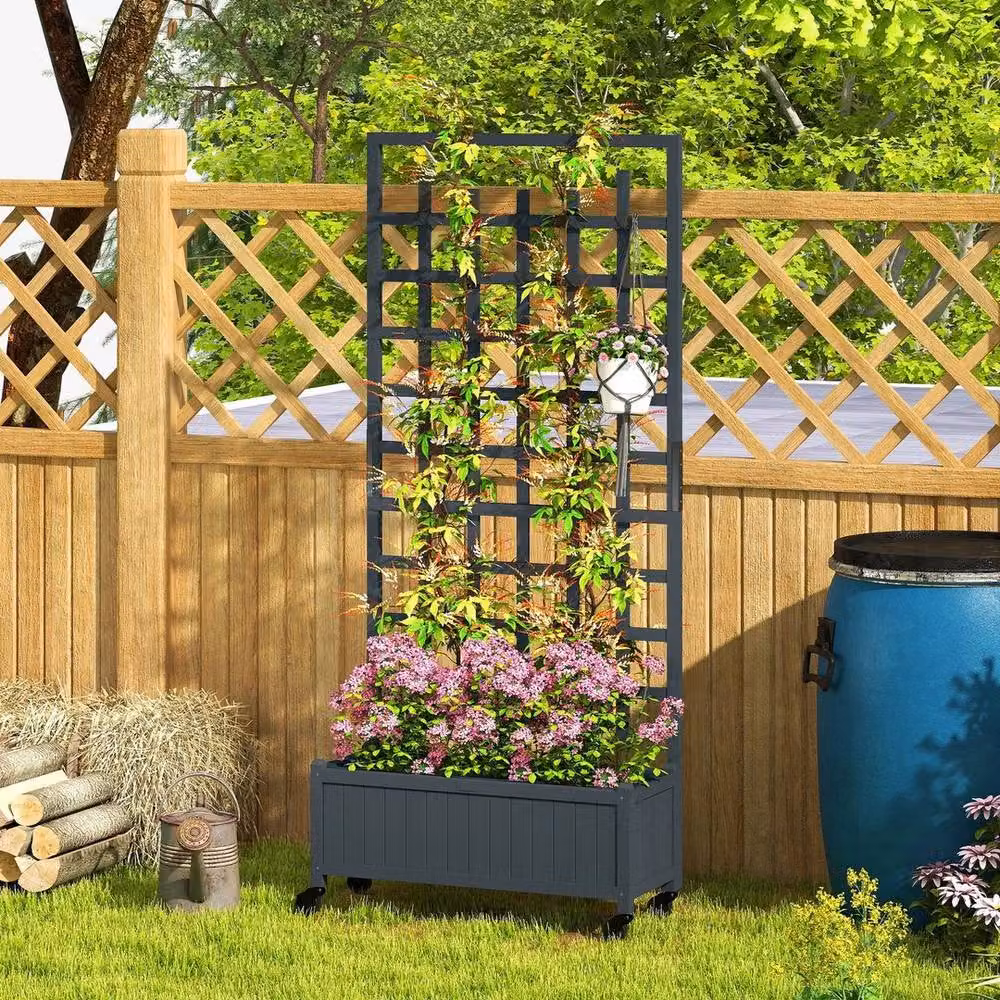 EONLION Grey Wooden Trellis Raised Bed Planter with Wheels – 3