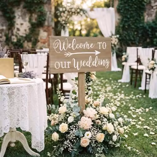 HOMESCAPES Rustic Wedding Welcome Sign, Natural Brown Wood Arrow Directional Plaque – 2