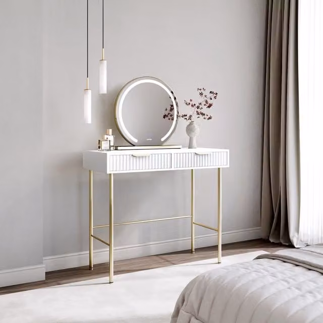CARME HOME Maya White Dressing Table with Eden Hollywood LED Mirror – 1