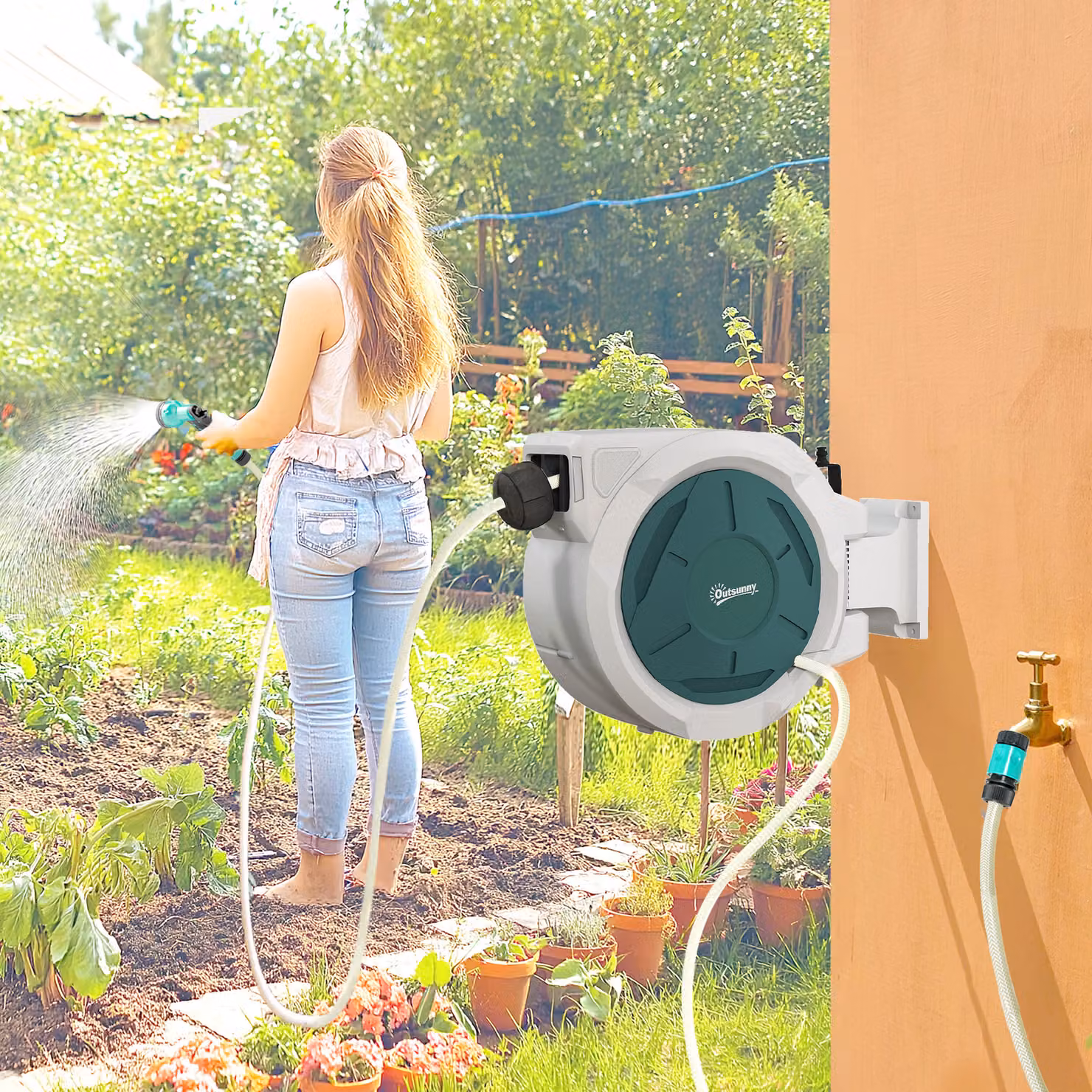 Outsunny Wall Mounted Retractable Garden Hose Reel with Auto Rewind and 7-in-1 Spray Nozzle, Grey – 2