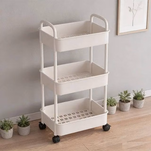 FORGEVIO 3-Tier Storage Trolley Cart with Wheels, White Kitchen Rack