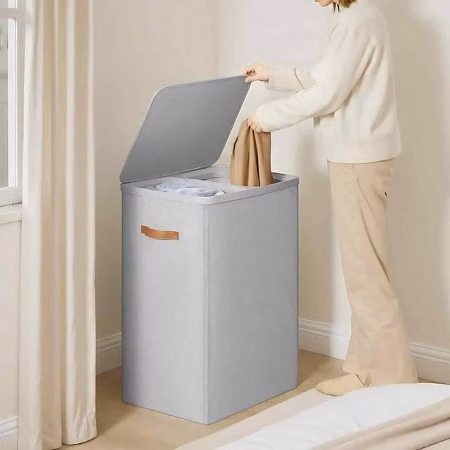 The Bazaarist Double Laundry Hamper with Lid and Removable Liners, Light Grey