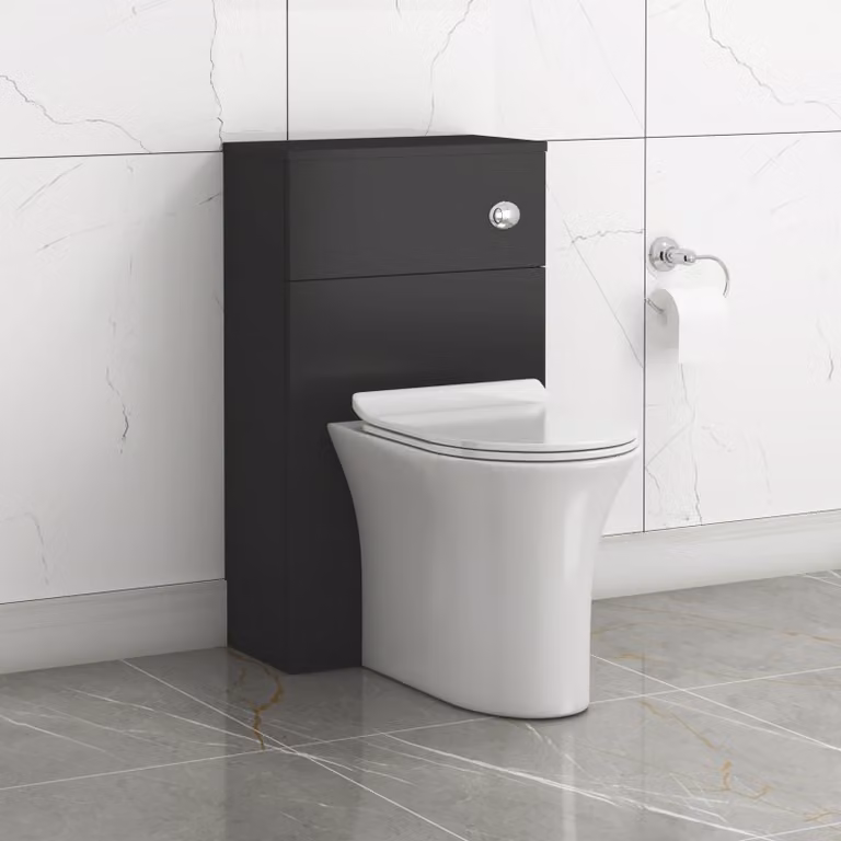 Royal Bathrooms Turin 500mm Matte Black BTW WC Unit with Breeze Rimless Ceramic Toilet Pan, Slim Soft Close Seat and Cistern