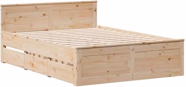 Berkfield Home Solid Pine Bed Frame with Headboard and Drawers, Beige, W/D/H: 140 x 190 x 75 cm