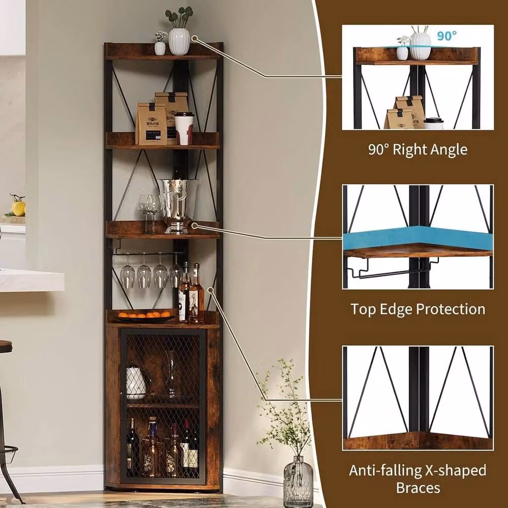 VOGREX Industrial Corner Bar Cabinet in Brown with Glass Doors, Wine Rack and Glass Holder, Height: 178 cm – 3