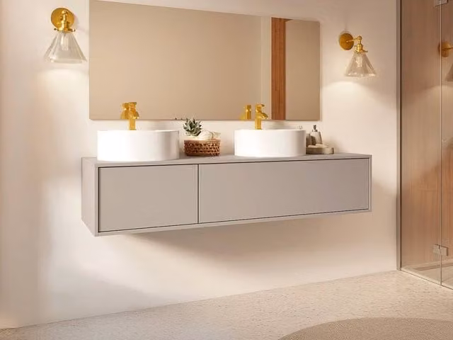 Vente-unique ISAURE II Wall-Hung Vanity Unit in Beige with Internal Drawers and Hinged Doors, W: 150 cm
