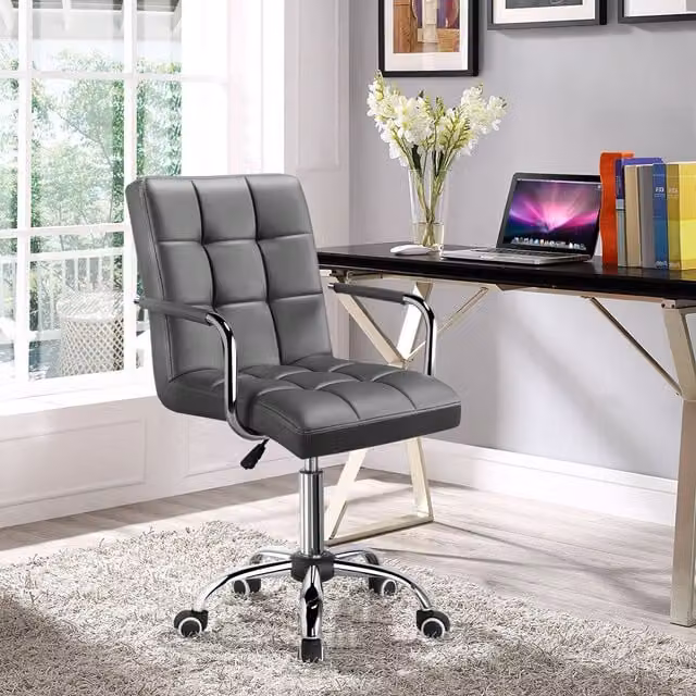 Yaheetech Modern Height Adjustable Swivel Task Office Chair with Armrests in Grey Synthetic Leather
