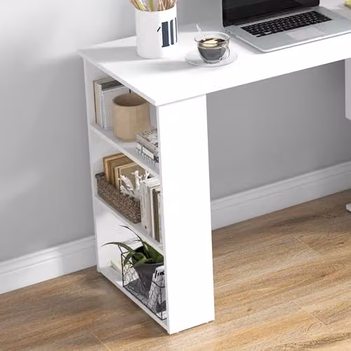 HOMCOM L Shaped Corner Computer Desk with Rotating Top and Bookshelf, White – 3