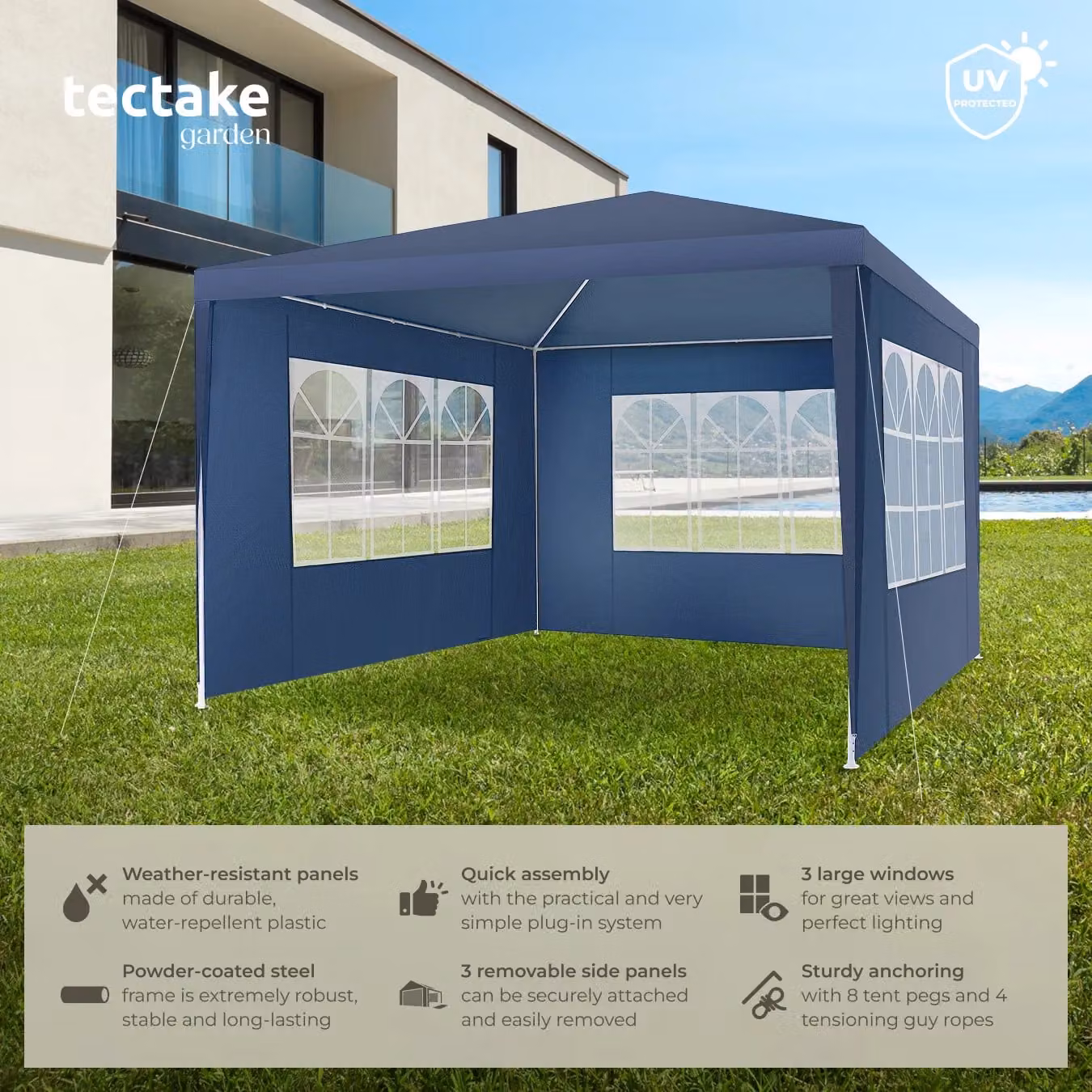 tectake Gazebo Barinas Blue with 3 Side Panels, W: 300 cm, D: 300 cm, H: 250 cm – 2