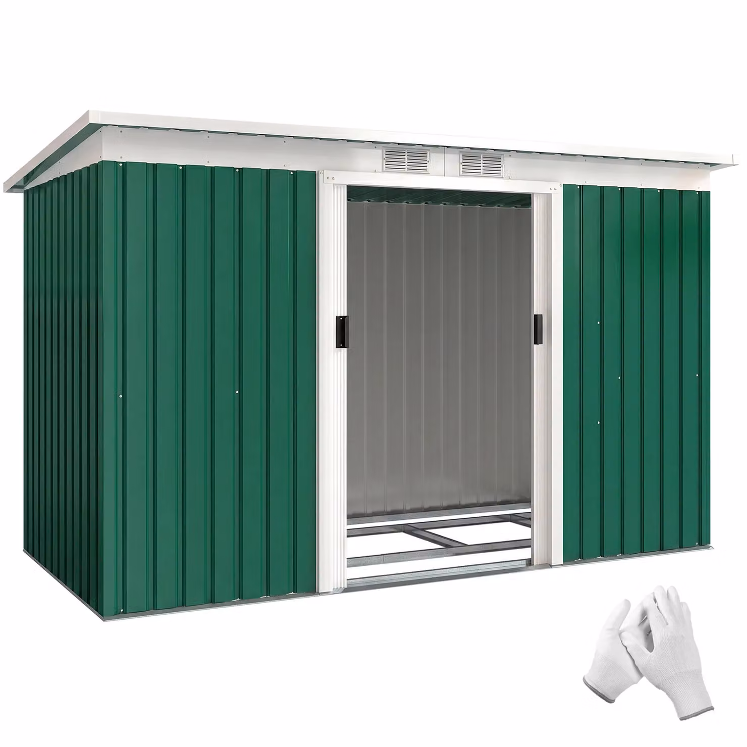 OUTSUNNY Dark Green Metal Garden Storage Shed with Sliding Doors and Window – 2