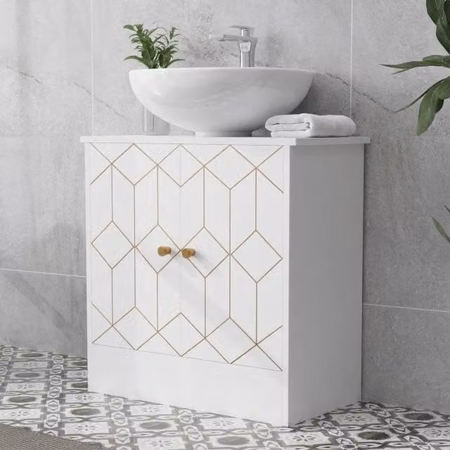 STILVORA Modern White and Gold Freestanding Under Sink Bathroom Cabinet with Hinged Doors and Adjustable Internal Shelves