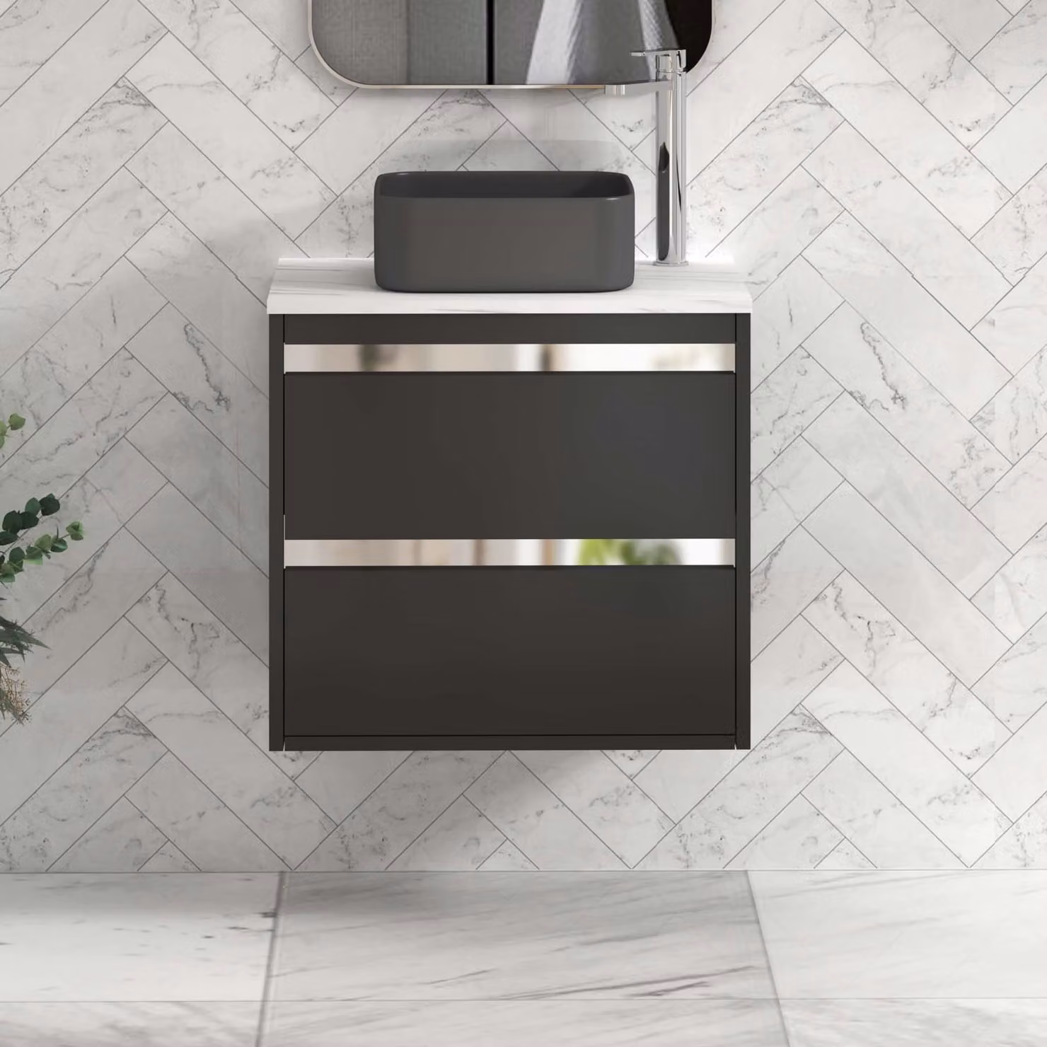 Royal Bathrooms Orion 800mm Matt Obsidian Black Wall Hung Vanity Unit with 2 Drawers and Art Square Basin