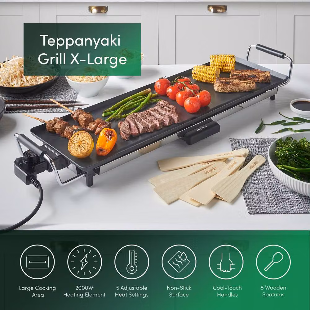 Emperial Electric Teppanyaki Grill XL in Black with 8 Spatulas, Smooth Non-Stick Plate and Adjustable Thermostat – 2