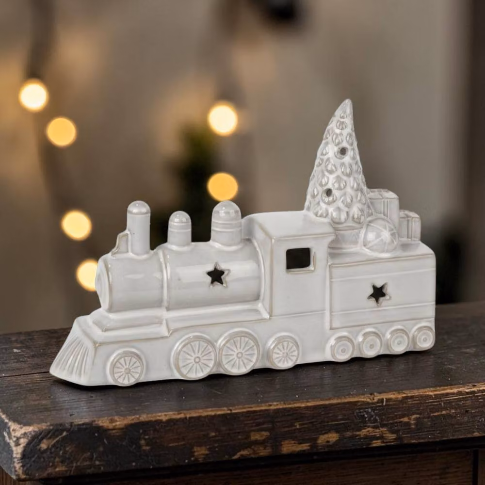 Four Candle Glazed Ceramic Train Christmas Ornament with LED in White – 2